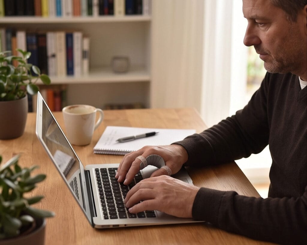 Eine Person tippt auf einem Laptop an einem Holztisch mit einem Notizbuch, einem Stift, einer Kaffeetasse und Topfpflanzen in der Nähe.