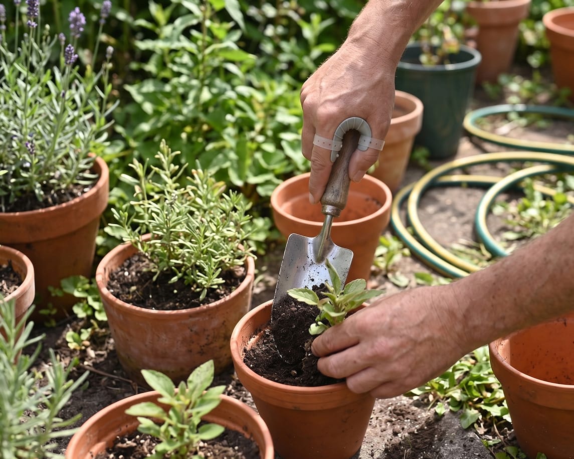 Eine Person pflanzt mit einer kleinen Kelle einen Setzling in einen Terrakotta-Topf, umgeben von anderen Topfpflanzen und grünem Laub in einem Garten.