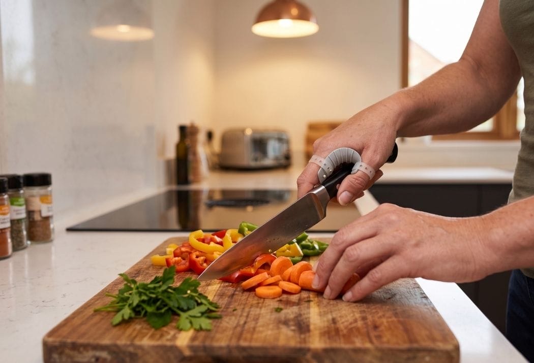 Eine Person schneidet Gemüse, darunter Karotten, Paprika und Kräuter, auf einem Holzbrett in einer modernen Küche.