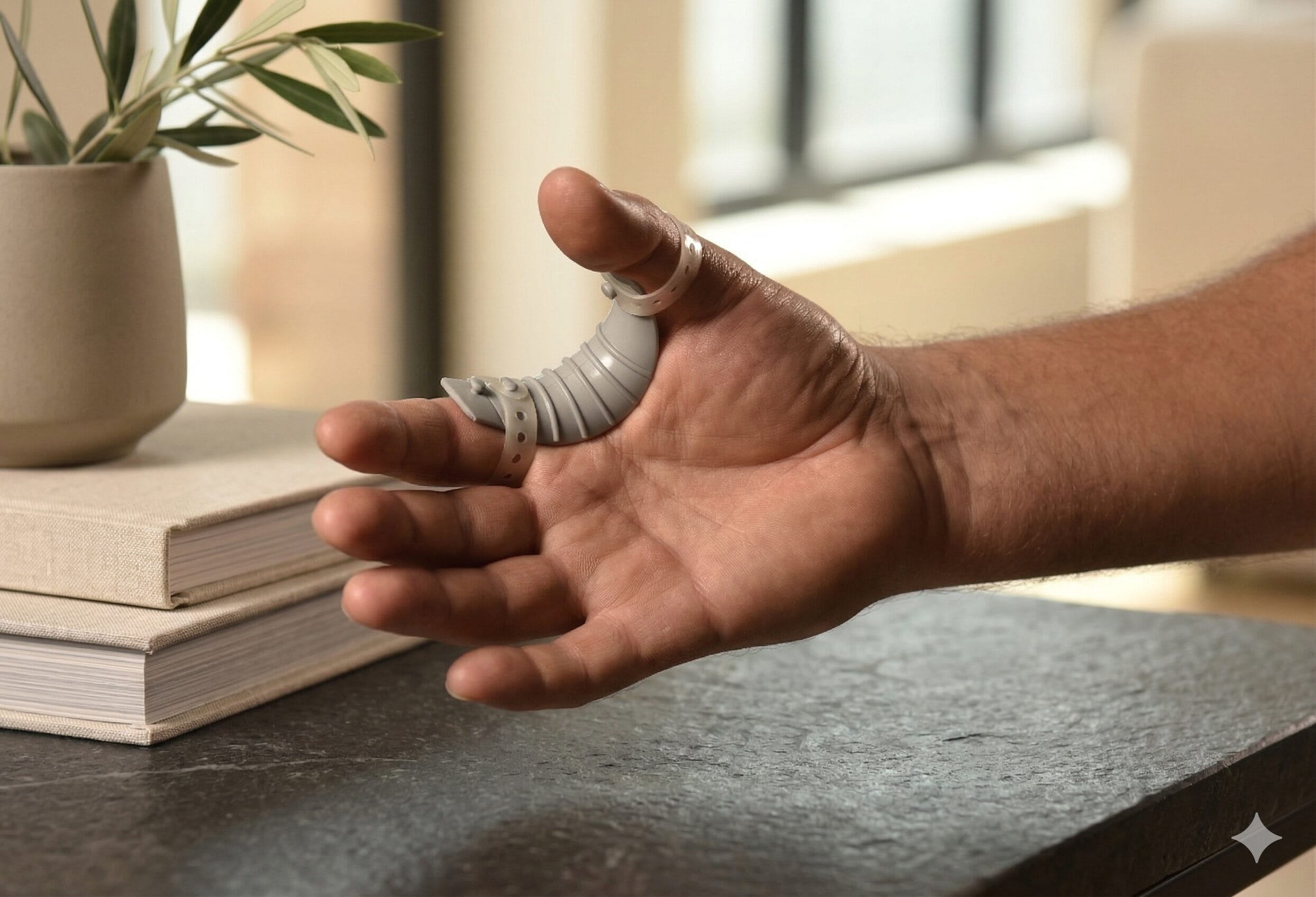 Eine Hand mit einer grauen Daumenprothese ist neben Büchern und einer Pflanze auf einem Tisch zu sehen.