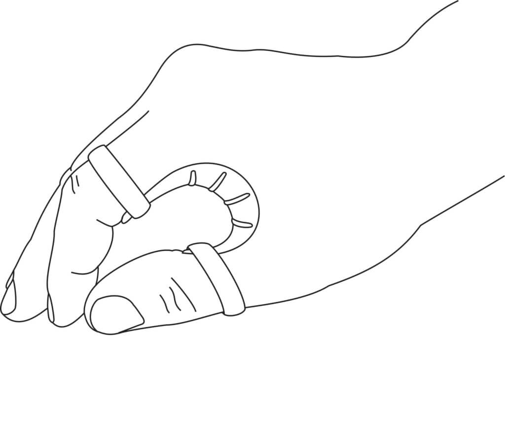Strichzeichnung einer Hand mit zwei Fingern, die Ringe tragen und einen kleinen, runden Gegenstand mit kurzen Stacheln halten.