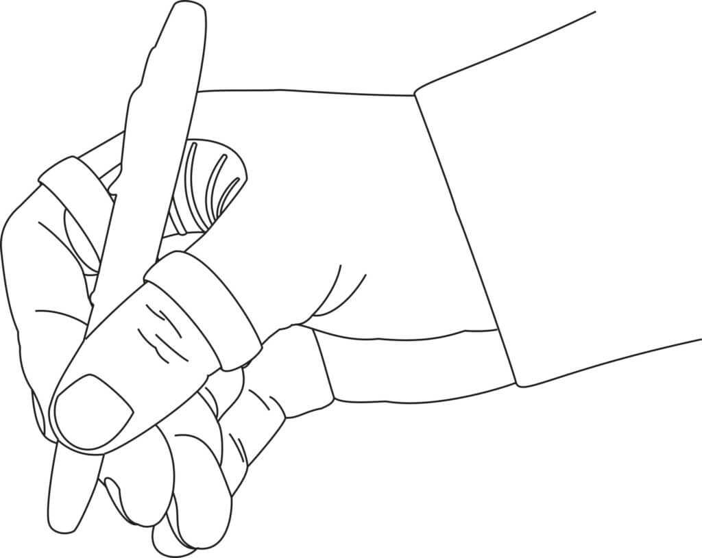 Strichzeichnung einer rechten Hand, die einen Stift hält und so positioniert ist, als würde sie auf einer Fläche schreiben.