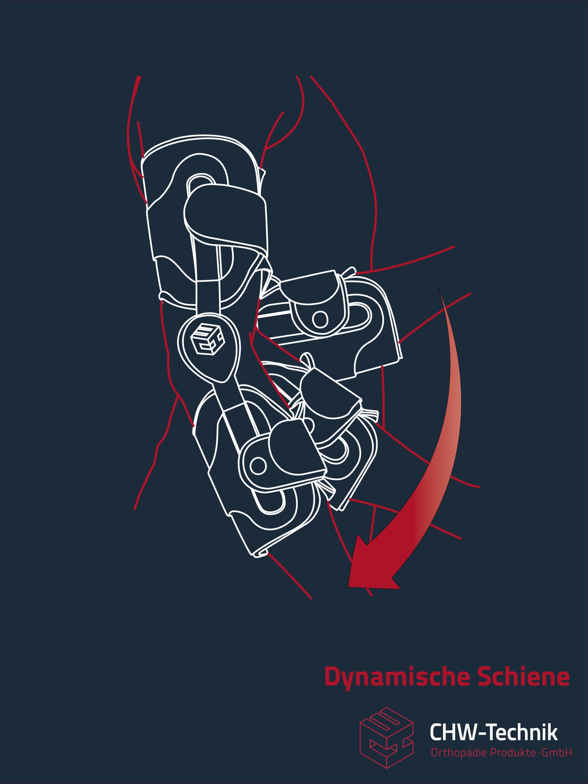 Illustration einer orthopädischen Armorthese mit der DynS Dynamische Gelenkschienen und Verstellriemen und Scharnieren, mit einem roten Pfeil, der die Bewegung anzeigt. Logo und Text von CHW-Technik erscheinen unten rechts.