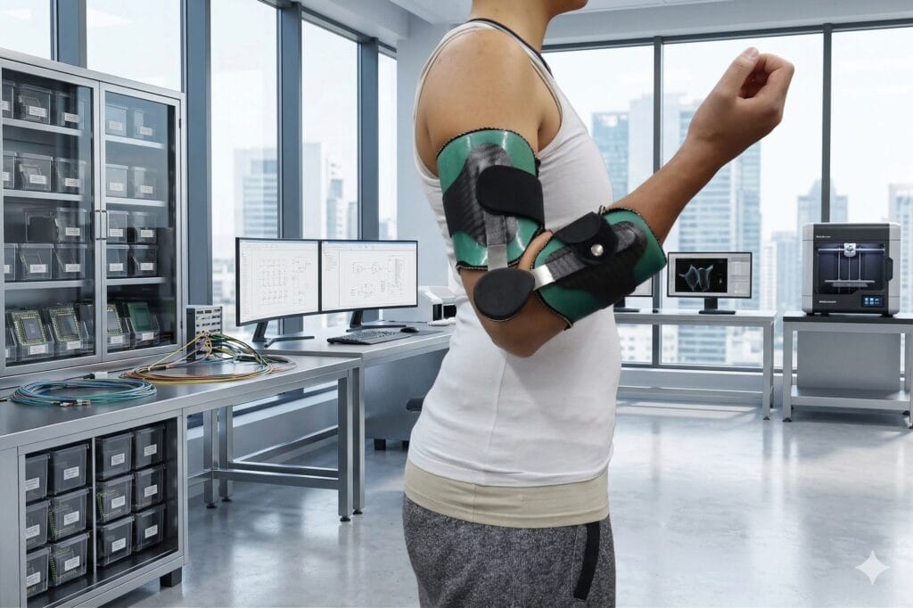 Person, die ein mechanisches Exoskelett am Arm trägt, in einem modernen Labor mit Computern und elektronischen Geräten im Hintergrund.