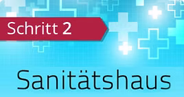 Blauer Hintergrund mit medizinischen Kreuzsymbolen, roter Pfeil mit der Aufschrift "Schritt 2" und darunter das Wort "Sanitätshaus".