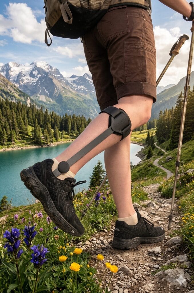 Eine Person mit einer Knieschiene wandert auf einem felsigen Bergpfad, mit Blick auf einen See und ferne schneebedeckte Gipfel, umgeben von Wildblumen und Bäumen.