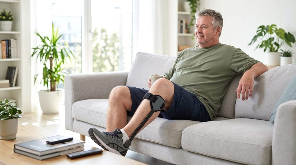 Ein Mann mittleren Alters mit einer Knieentlastungsorthese KNEO® sitzt mit einer Tasse in der Hand auf einem Sofa in einem hellen Wohnzimmer mit Pflanzen und einem Couchtisch.