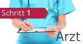 Eine Person in medizinischem Kittel hält ein Klemmbrett und einen Stift. Der Text auf dem Bild lautet "Schritt 1" und "Arzt".