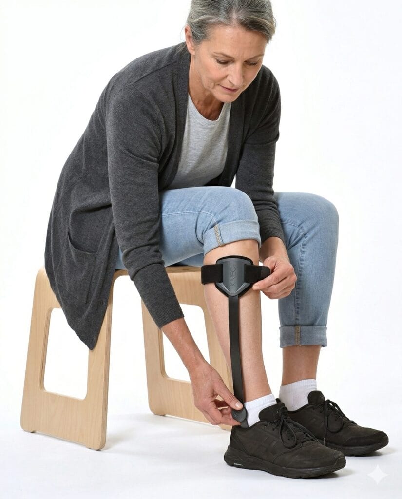 Eine Frau, die auf einem Holzschemel sitzt, befestigt eine schwarze Mobilitätshilfe an ihrem Unterschenkel über ihren Socken und Turnschuhen.
