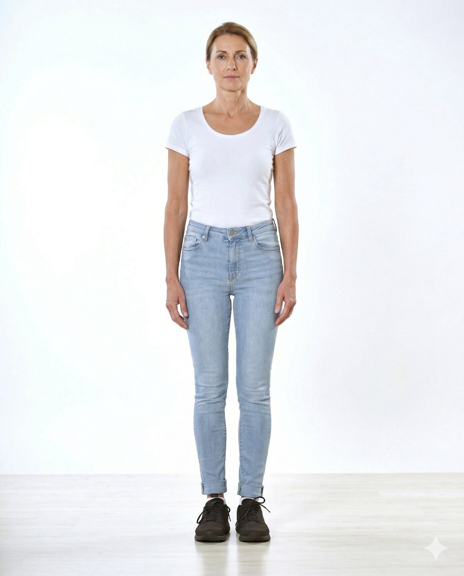 Eine Frau steht mit dem Gesicht nach vorne vor einem schlichten weißen Hintergrund und trägt ein weißes T-Shirt, hellblaue Jeans und schwarze Schuhe.