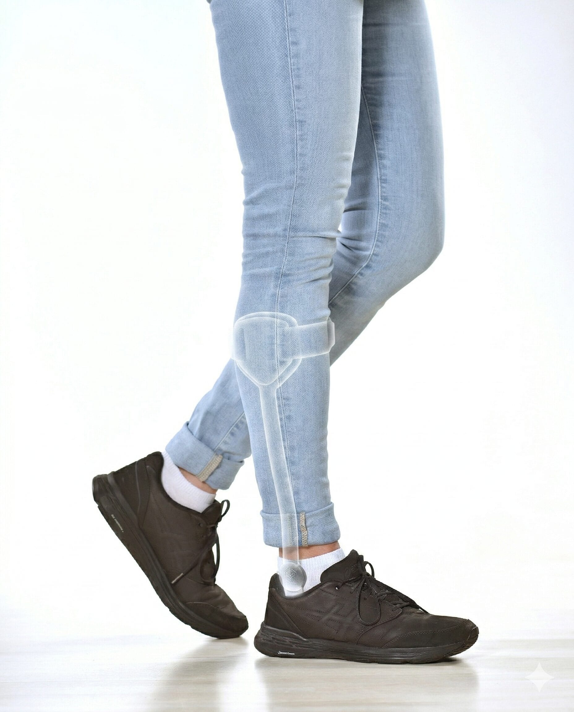 Person in hellblauer Jeans, weißen Socken und schwarzen Schuhen, die mit gekreuzten Beinen steht; auf der Jeans ist die Abbildung eines Oberschenkelknochens eingeblendet.