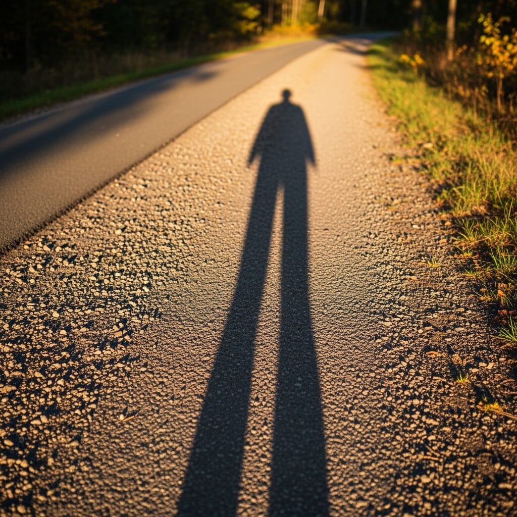 Ein langer Schatten einer Person erstreckt sich über eine sonnenbeschienene, leere, von Gras und Bäumen gesäumte Straße.